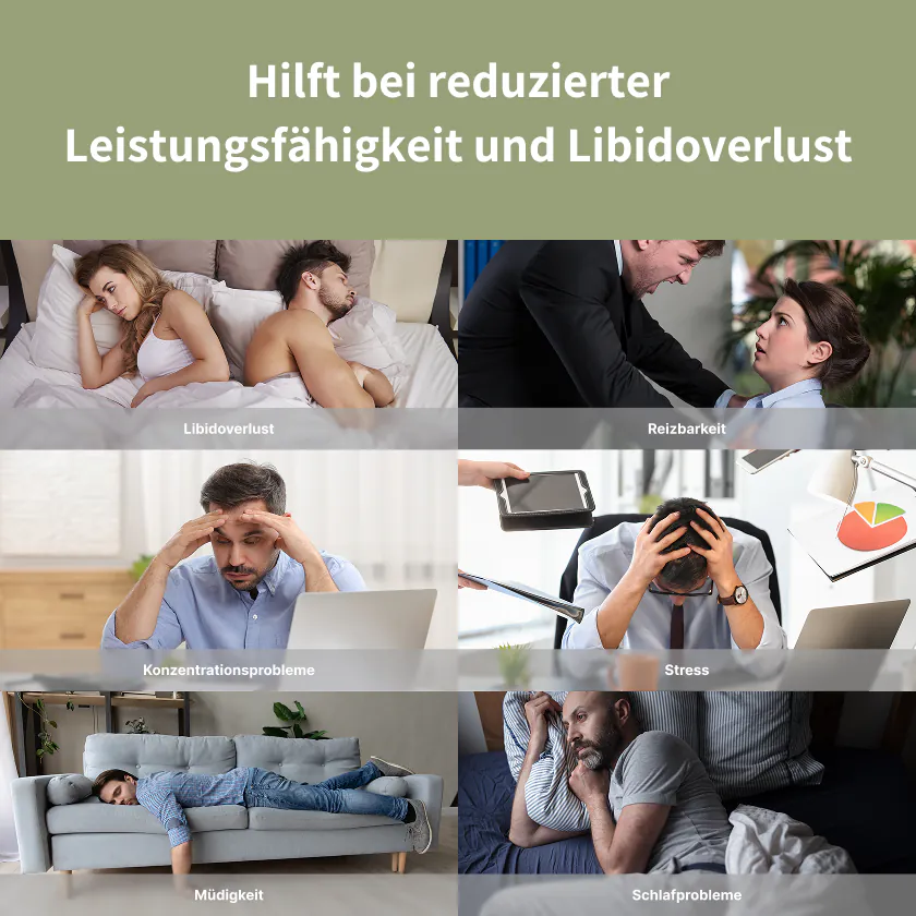 Hilft bei reduzierter Leistungsfähigkeit und Libidoverlust – Libidoverlust, Reizbarkeit, Konzentrationsprobleme, Stress, Müdigkeit, Schlafprobleme